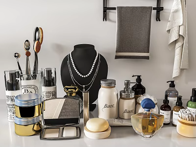 Elegant Perfume And Cosmetics Display With Skincare Jars Brushes Necklace And Towels 3d model