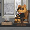 Plush Bear Doll Sitting On Decorative Chair Wearing Suit Bow Tie Near Fireplace With Fire