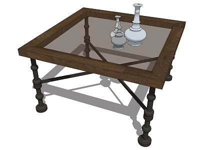 Wooden Tea Table With Glass Top Crossed Legs And Decorative Vases Design 3d model