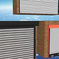 Three Different Roller Shutters With Brick Wall And Cloudy Sky Background