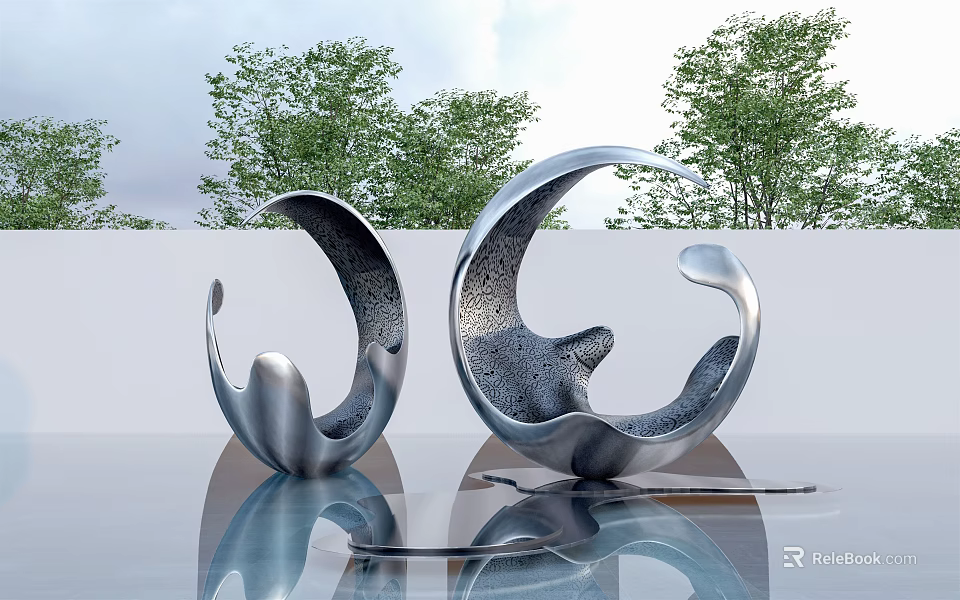 Modern Abstract Silver Sculptures on Smooth Surface with Green Trees and White Wall Background 3d model