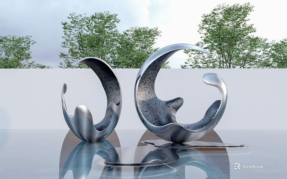 Modern Abstract Silver Sculptures on Smooth Surface with Green Trees and White Wall Background 3d model 