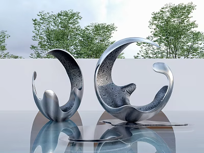 Modern Abstract Silver Sculptures on Smooth Surface with Green Trees and White Wall Background 3d model