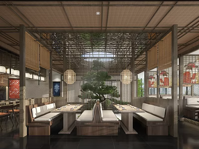 Traditional Japanese Restaurant Interior With Wooden Frames Hanging Lanterns And Bonsai Tree 3d model