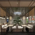 Traditional Japanese Restaurant Interior With Wooden Frames Hanging Lanterns And Bonsai Tree