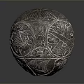 Antique Carved Spherical Sculpture Featuring Intricate Surface Patterns Holes and Cracks