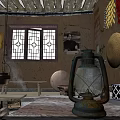 Vintage Rural Interior With Old Kerosene Lamp Wooden Window Retro Posters And Crafts