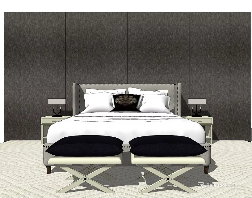 Background Double Bed with Headboard White Pillows Nightstands Table Lamps and Light Carpet 3d model 