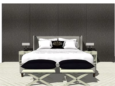 Background Double Bed with Headboard White Pillows Nightstands Table Lamps and Light Carpet 3d model