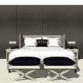 Background Double Bed with Headboard White Pillows Nightstands Table Lamps and Light Carpet