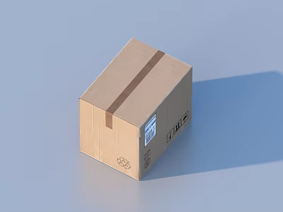 Brown Cardboard Packaging Box With Tape Label And Recycling Symbol 3d model