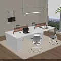 Modern Office Desk with Ergonomic Chairs Laptop Wooden Frame Window View and Area Rug