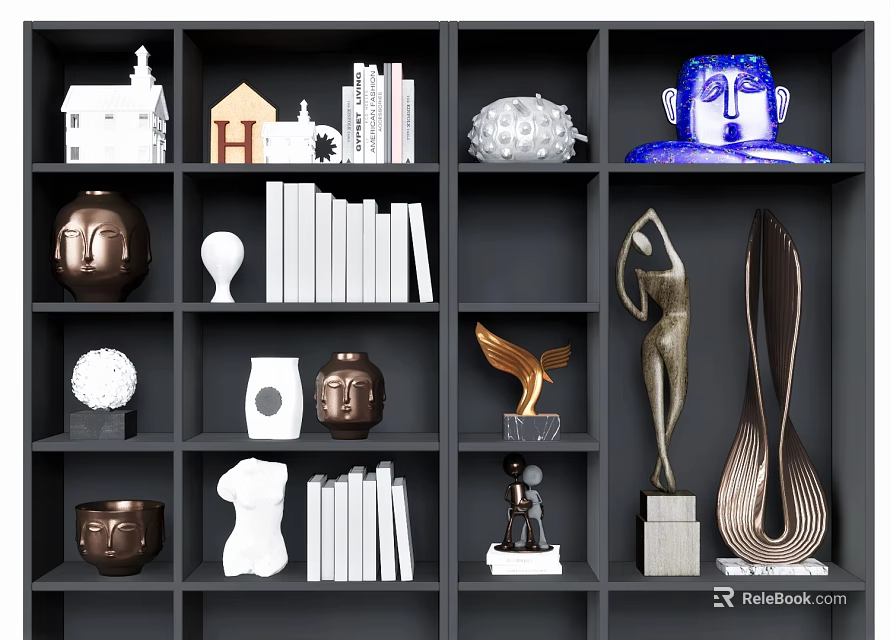 Modern Artistic Decorative Ornament Set on Black Shelf with Sculptures Figurines Books and Vases 3d model 