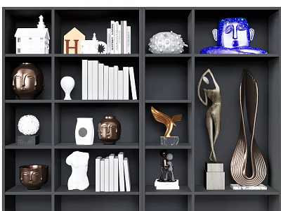 Modern Artistic Decorative Ornament Set on Black Shelf with Sculptures Figurines Books and Vases 3d model