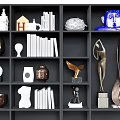 Modern Artistic Decorative Ornament Set on Black Shelf with Sculptures Figurines Books and Vases