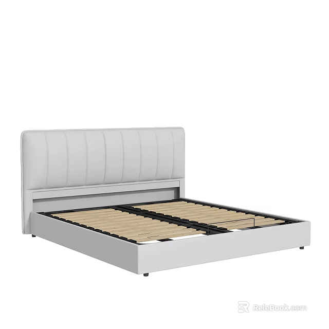 Double Bed with White Upholstered Stitched Headboard and Wooden Slats Frame 3d model 
