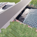 Scenic Waterside Landscape Design With Green Space River Bridge And Pathway