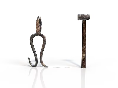 Old Rustic Scissors And Hammer As Vintage Metal Equipment On White Background 3d model