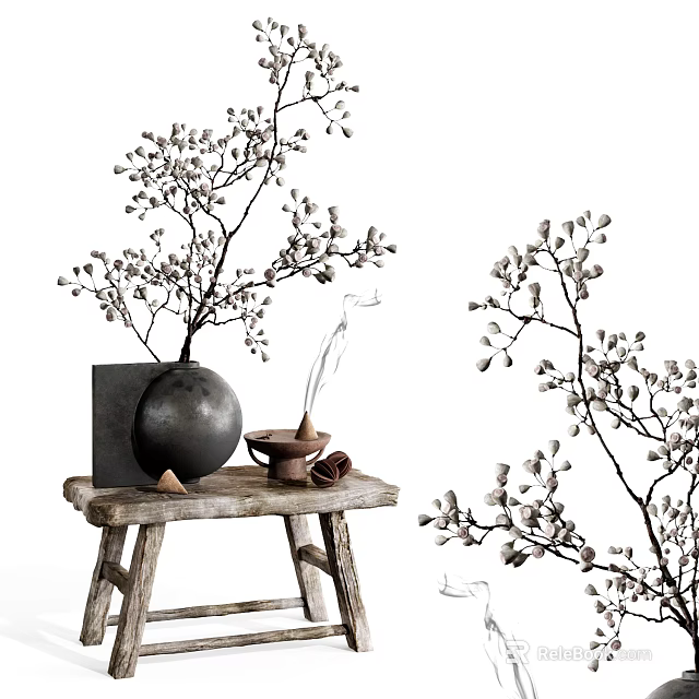 Black Vase with White Flower Branches on Wooden Stool Minimalist Decorative Setup 3d model 