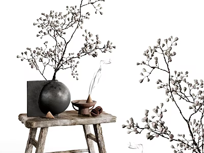 Black Vase with White Flower Branches on Wooden Stool Minimalist Decorative Setup 3d model