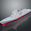 Detailed Warship 3D Model with Grey Hull Red Bottom Superstructure Antennas Weapons and Reflection