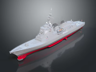 Detailed Warship 3D Model with Grey Hull Red Bottom Superstructure Antennas Weapons and Reflection 3d model