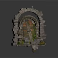 Medieval Stone Arch Structure With Wooden Door And Surrounding Stones And Green Plants