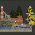 3D Model Scene With Lighthouse Small Houses Rocky Terrain Trees Water And Boat