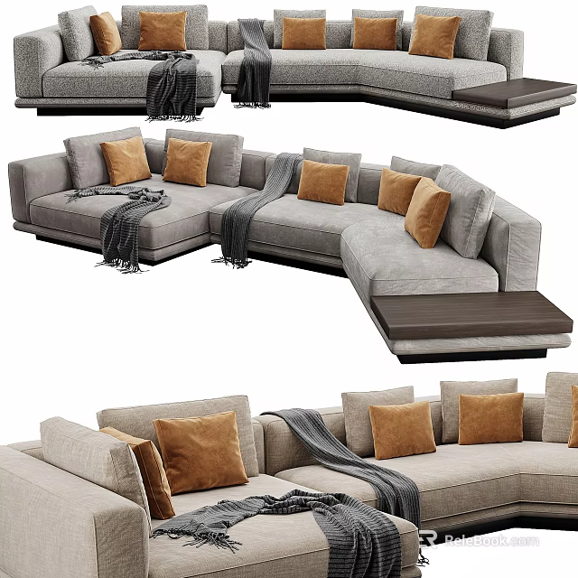 Modern Gray Sectional Sofa With Brown Decorative Pillows And Throw Blanket 3d model