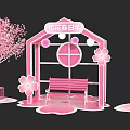 Cherry Blossom Spring Festival Scene With Pink Pavilion Bench And Street Lamp