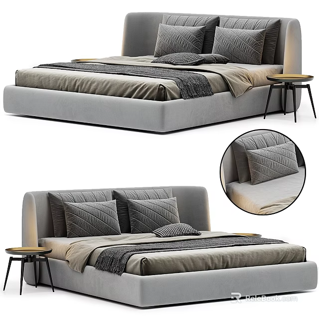 Modern Grey Upholstered Double Bed With Neutral Tones Bedding And Bedside Table 3d model 