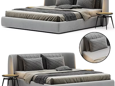 Modern Grey Upholstered Double Bed With Neutral Tones Bedding And Bedside Table 3d model
