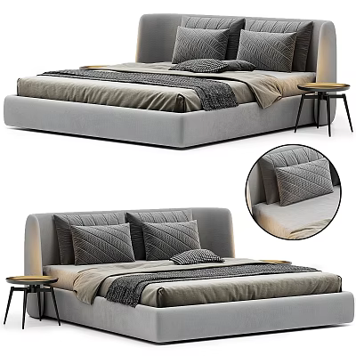 Modern Grey Upholstered Double Bed With Neutral Tones Bedding And Bedside Table 3d model