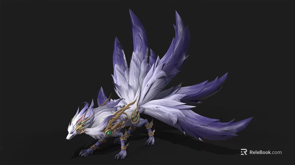 Mythical Fantasy Beast with Purple White Feathers Golden Decor and Green Eyes 3d model 