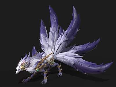 Mythical Fantasy Beast with Purple White Feathers Golden Decor and Green Eyes 3d model