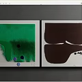 Two Abstract Paintings With Green Brown Hues Circular Dots And Spots In White Frames 3d model