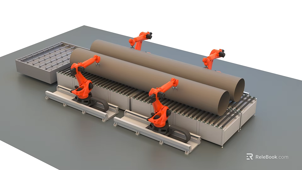 Automated Industrial Equipment With Orange Robotic Arms Handling Large Pipes On Conveyor Belts 3d model 