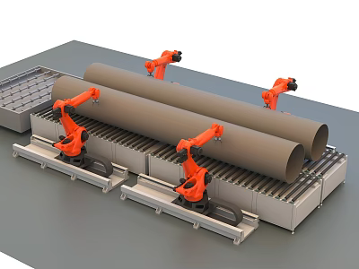Automated Industrial Equipment With Orange Robotic Arms Handling Large Pipes On Conveyor Belts 3d model