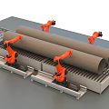 Automated Industrial Equipment With Orange Robotic Arms Handling Large Pipes On Conveyor Belts