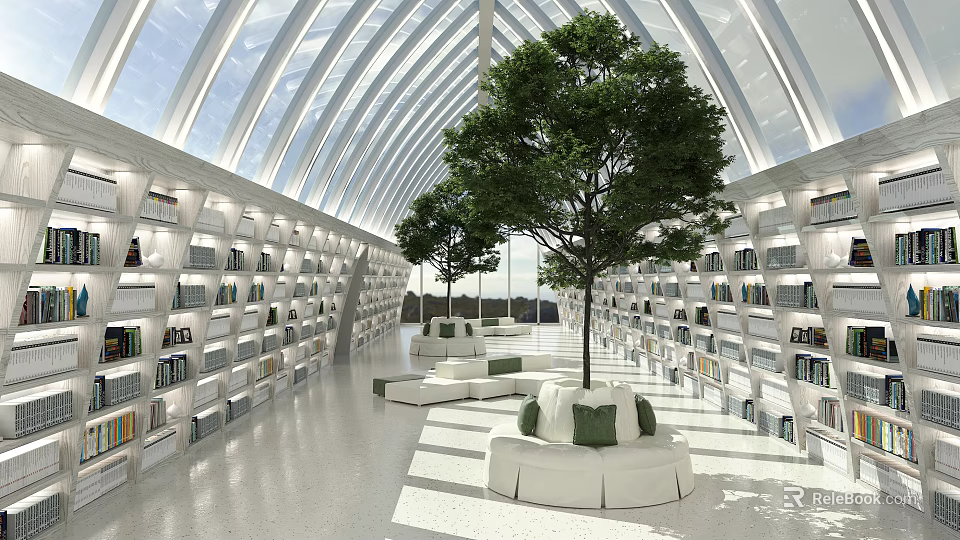 Sunlit Book Art Library with Arched Glass Roof Neat Bookshelves Large Trees and White Sofas 3d model 