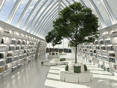 Sunlit Book Art Library with Arched Glass Roof Neat Bookshelves Large Trees and White Sofas 3d model