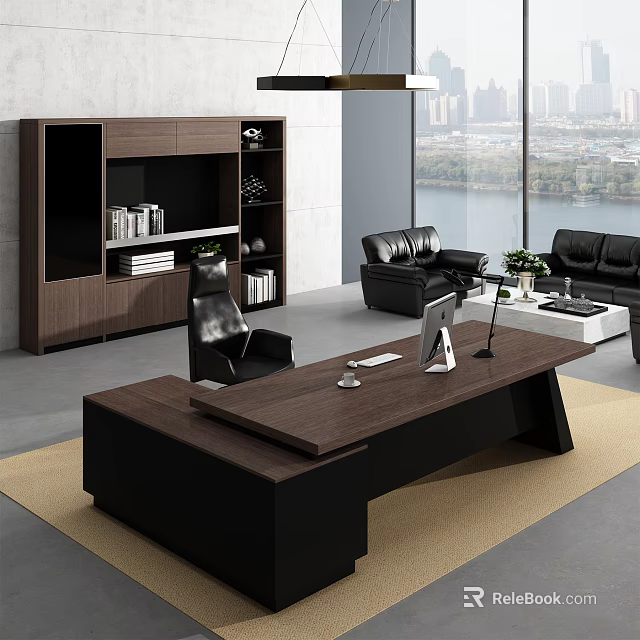 Modern Dark Wood Office Desk With Lamp Monitor Leather Sofa And City View 3d model 