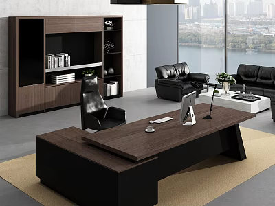 Modern Dark Wood Office Desk With Lamp Monitor Leather Sofa And City View 3d model