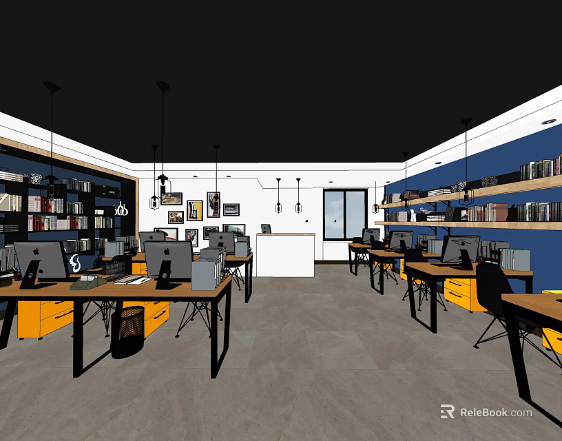 Modern Public Office Space With Open Layout Desks Computers Bookshelves And Hanging Lights 3d model 