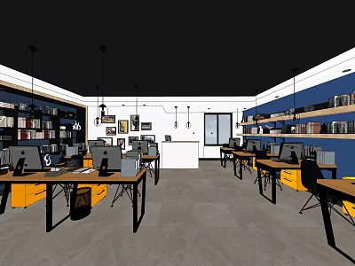 Modern Public Office Space With Open Layout Desks Computers Bookshelves And Hanging Lights 3d model