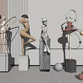 Elegant Sculptures With Metal And Marble Human Figures On Decorative Pedestals