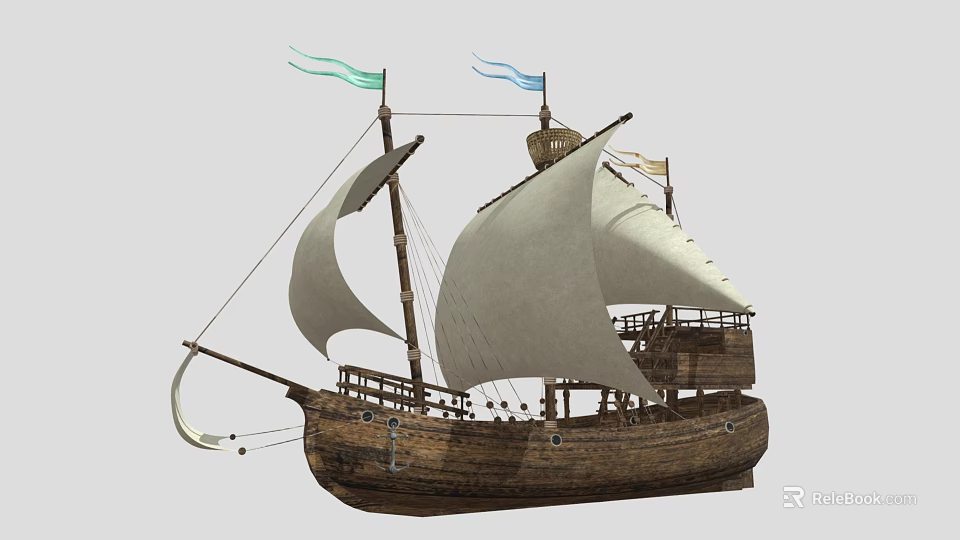Traditional Wooden Sailboat With White Sails Green And Blue Flags On Deck 3d model 