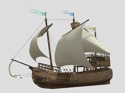 Traditional Wooden Sailboat With White Sails Green And Blue Flags On Deck 3d model