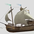 Traditional Wooden Sailboat With White Sails Green And Blue Flags On Deck