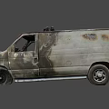 Abandoned Burnt Rusted Wrecked Van With Damaged Front And Flat Tires